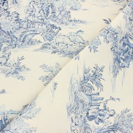 Tissu Toile De Jouy Pastorale Cru Bleu Ma Petite Mercerie