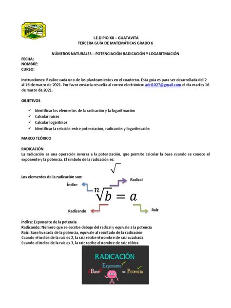 Matemáticas Grado 6 Radicación Potenciación Y Logaritmación Pdf