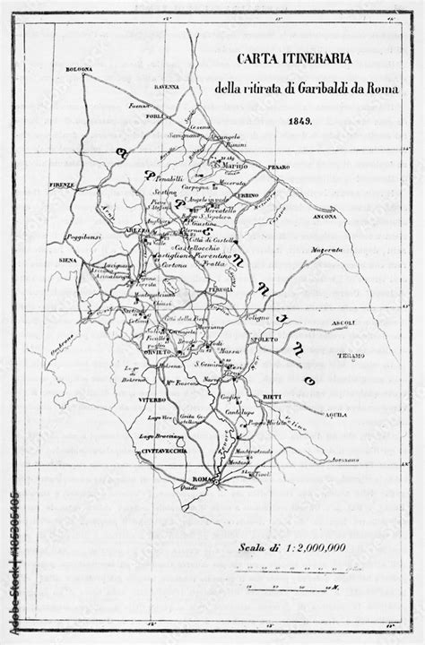 Old Itinerary Map Of Garibaldi Retreat From Rome By E Matania