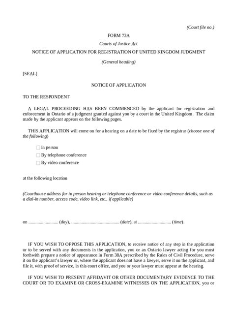 73A Courts Of Justice Act NOTICE OF APPLICATION Ontariocourts