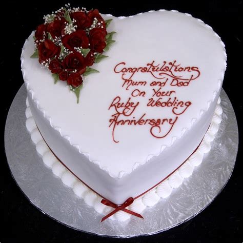 Heart Shaped Ruby Wedding Anniversary Cake With Red Roses And Wedding