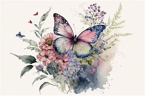 Premium Photo Watercolor Painting Of Butterfly And Flower Garden