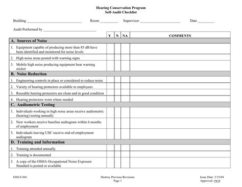 Noise And Hearing Conservation Checklist