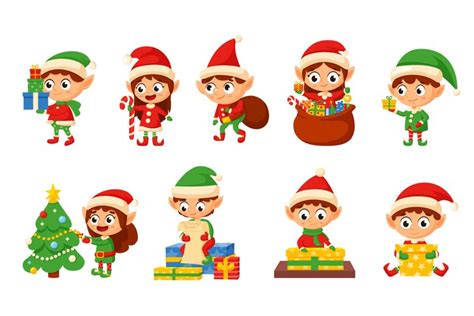 Cartoon santa elves characters, christmas elf with gifts an