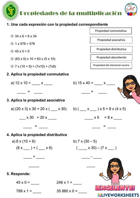 Propiedades de la multiplicación interactive worksheet for Quinto de