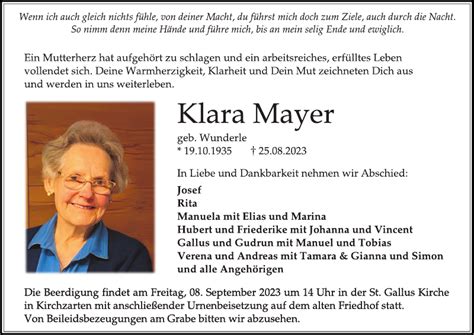 Klara Mayer Traueranzeige Badische Zeitung