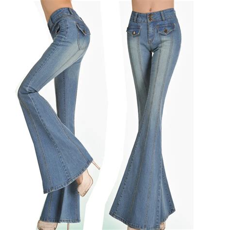 Autumn Womens Fashion High Waist Stretch Big Bell Bottom Jeans Female Woman Elastic Flare