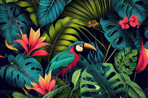 Illustration Of Tropical Pattern With Jungle Vegetation And Exotic