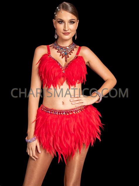 Fiery Red Samba Dancers Feather Bra And Skirt Set