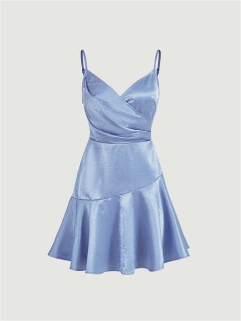 Shein Mod Surplice Neck Ruched Ruffle Hem Satin Cami Dress For Sale