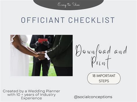 Wedding Officiant Checklist And Wedding Ceremony Planner For Celebrant Printable To Do List And