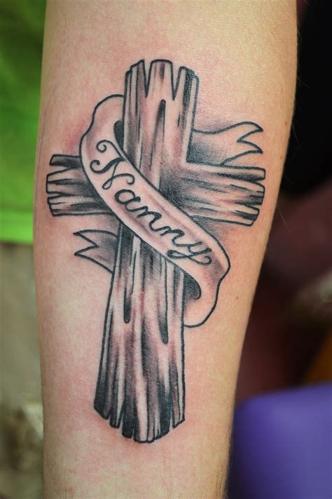 Simple Wooden Cross Tattoo With Lettering Artist Adrienne Haberl