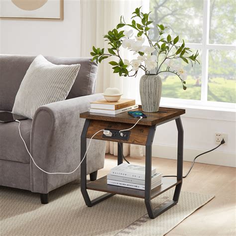 End Table With Charging Station Set Of 2 Side Tables With Usb Ports And Sockets Wooden Bedroom