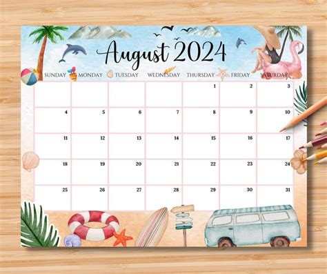 Calendario Editable De Agosto De Verano Relajante En La Playa Con