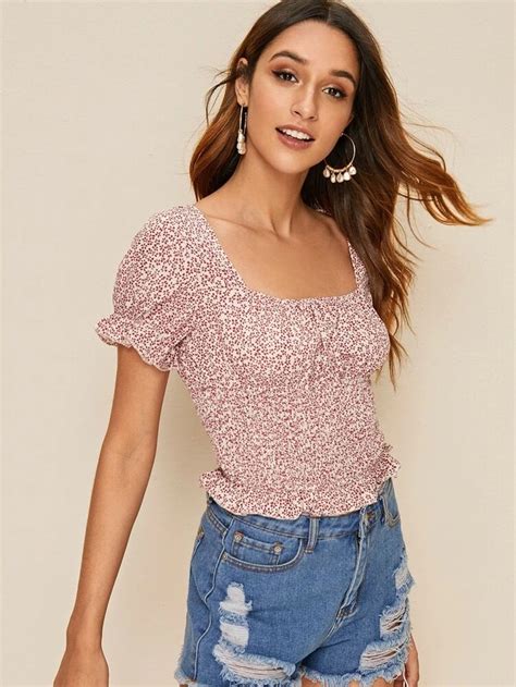 Shein Ditsy Floral Frill Hem Shirred Top Blouses For Women Tops