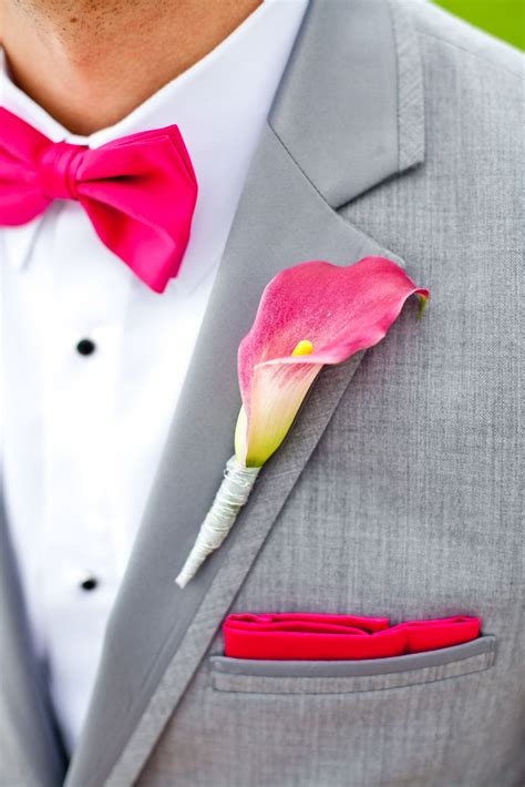 Gray Suit With Pink Bow Tie Pocket Square And Calla Lily Boutonniere