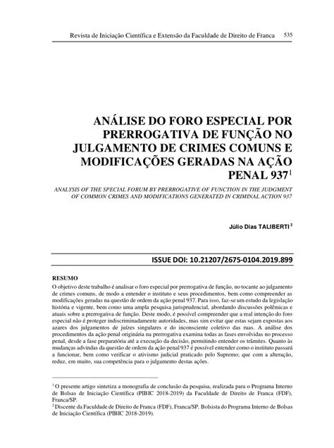 Pdf An Lise Do Foro Especial Por Prerrogativa De Fun O No Julgamento