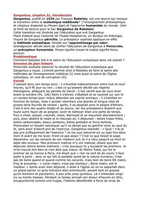 Fiche Bac Lecture Linéaire Gargantua Chapitre 21