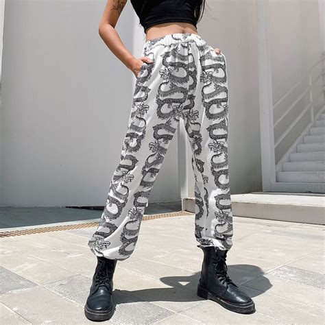 Sweetown Casual Hip Hop Baggy Pants Women Streetwear Outfits Dragon