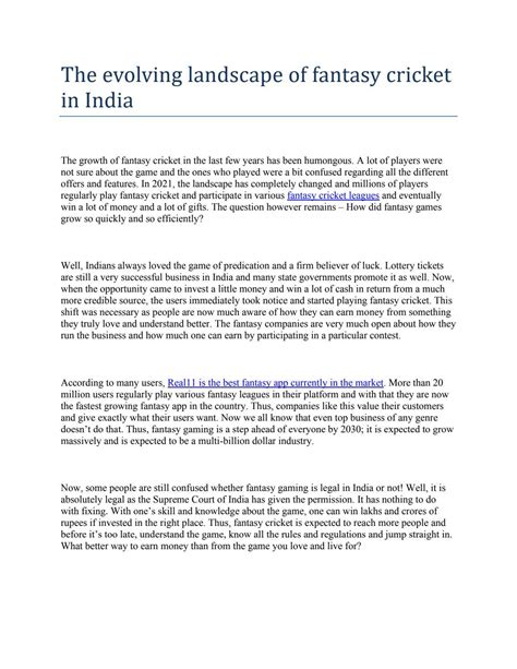 The Evolving Landscape Of Fantasy Cricket In India By Real11league Issuu