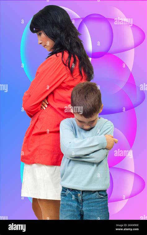 Sad Mother And Son Standing With Hands Crossed And Looking Down After Conflict Isolated On White