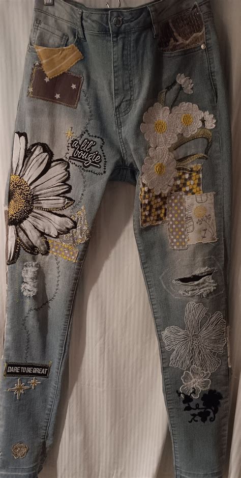 Jeans, Embroidered, Denim, Patched, Distressed, One-of-a-king, Unique, Wearable Art, Hippie ...