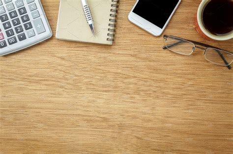 Top View Office Desk Containing Mock Up Wooden And Table Business