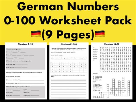 German Numbers 0-100 Worksheet Pack (9 Pages) | Teaching Resources