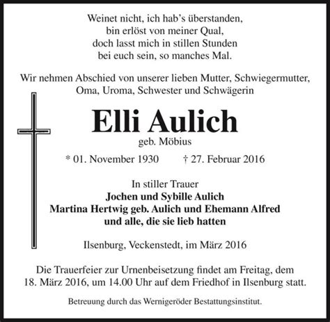 Traueranzeigen von Elli Aulich geb Möbius abschied nehmen de