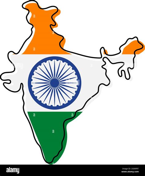 Stylized outline map of India with national flag icon. Flag color map ...