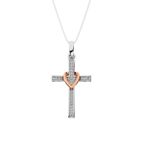 10k White Gold 1 10 Ct Tw Diamond Cross Pendant With Rose Gold Heart Unclaimed Diamonds