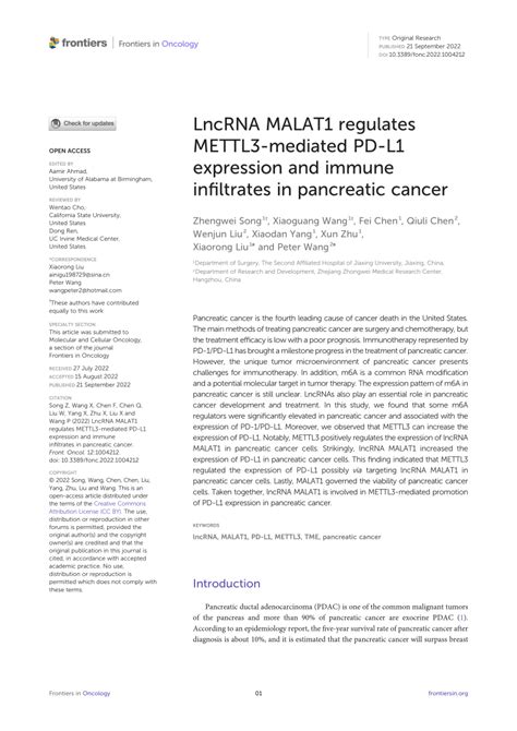 PDF LncRNA MALAT1 Regulates METTL3 Mediated PD L1 Expression And