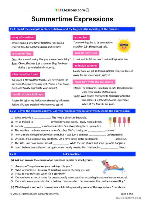 Summertime Expressions General Vocab English Esl Worksheets Pdf Doc