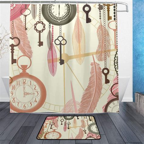 Skysonic Shower Curtain And Rug Set Retro Clocks Polyester Waterproof Bath Curtain And Mat For