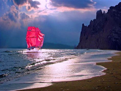 Red Sails Boat Ship Sailboat Beach Pink Sail Moonlight Clouds