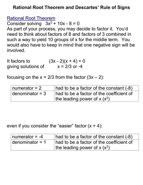 Rational Root Theorem And Descarte S Rule Of Signs