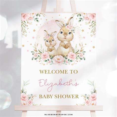 Girl Bunny Baby Shower Welcome Sign Pink Floral Rabbit Editable