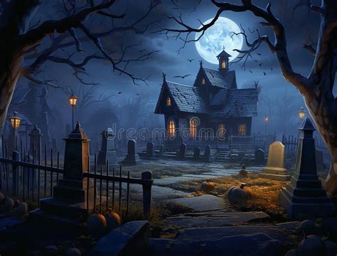 Gothic Scene At Cemetery On A Moonlit Halloween Night Stock