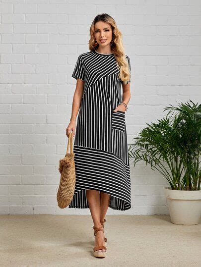 EMERY ROSE Striped Print Pocket Patched Dress Long Dress Casual