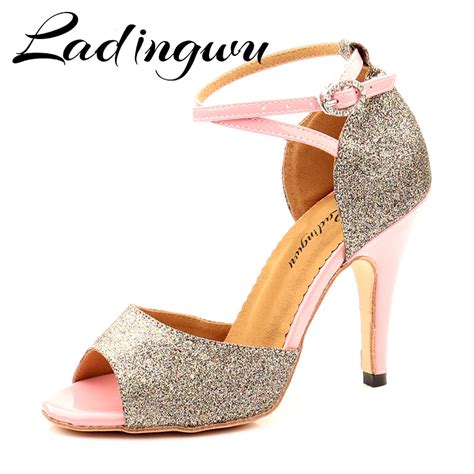 Ladingwu Tango Dance Shoes Pink PU And Gray Glitter Latin Dance Shoes