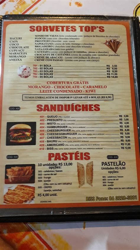 Menu At Biss Sorveteria Pizzaria Picanharia Pastelaria E Deposito De