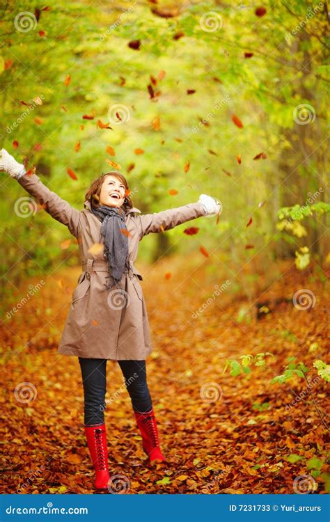 Autumn Woman Playing With Leaves In The Forest Stock Image Image Of