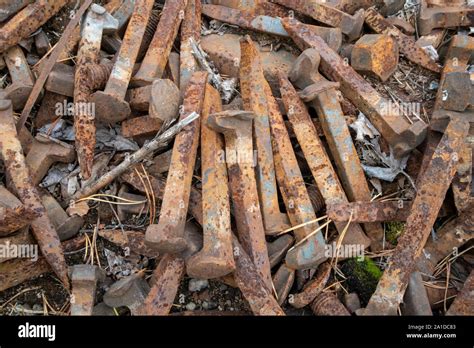 Rusty Railroad Spikes On Ground Outdoors Stock Photo Alamy