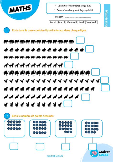 Exercices Les nombres jusqu à 20 10 et 5 CP CE1 Maître Lucas