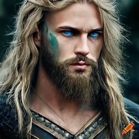 Handsome Male Viking With Blue Eyes Long Dark Blonde Hair And A Short