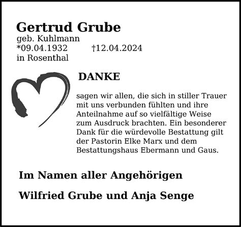 Traueranzeigen Von Gertrud Grube Trauer Anzeigen De