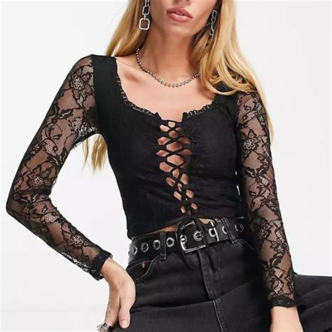 Reclaimed Vintage Tops Long Sleeve Lace Up Corset Top In Black Lace