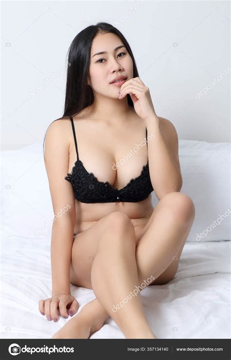 Asian Woman Black Bikini Bed Room White Background Stock Photo