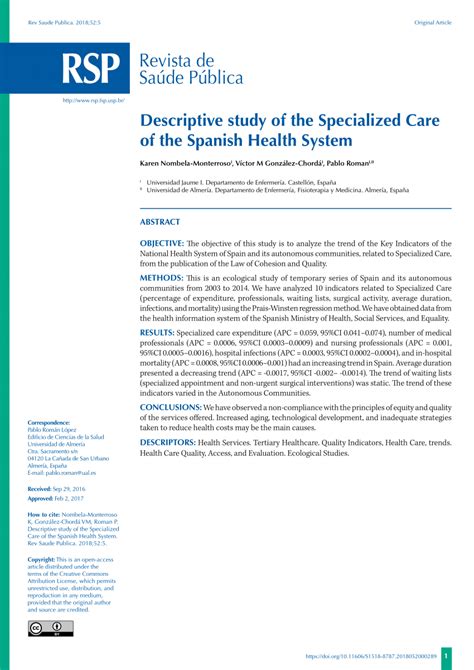 Pdf Descriptive Study Of The Specialized Care Of The Spanish Health