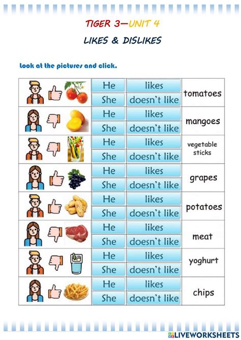 TIGER 3 UNIT 4 FOOD Likes Doesn T Like Interactive Worksheet